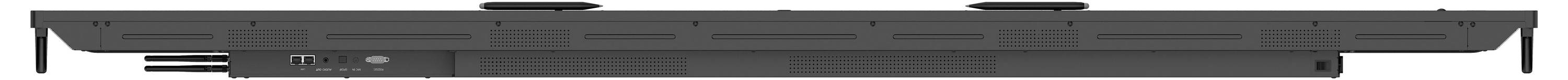 Eine schwarze Soundbar mit mehreren Lautsprecherabschnitten und Anschlussanschlüssen an der Seite.