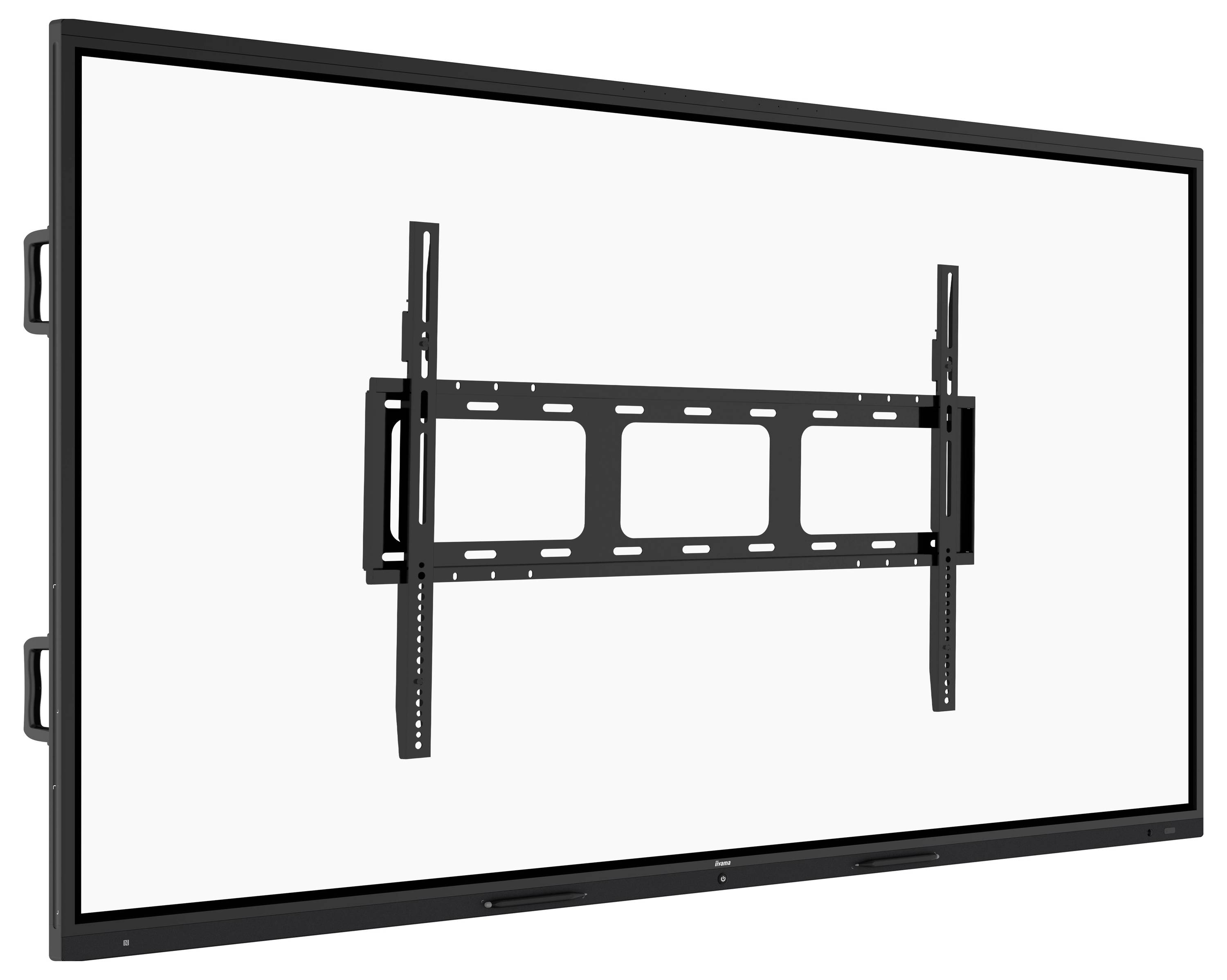 Ein großer Flachbildschirm, der auf einer schwarzen verstellbaren Wandhalterung montiert ist. Der Bildschirm ist ausgeschaltet und verfügt über ein elegantes, modernes Design.