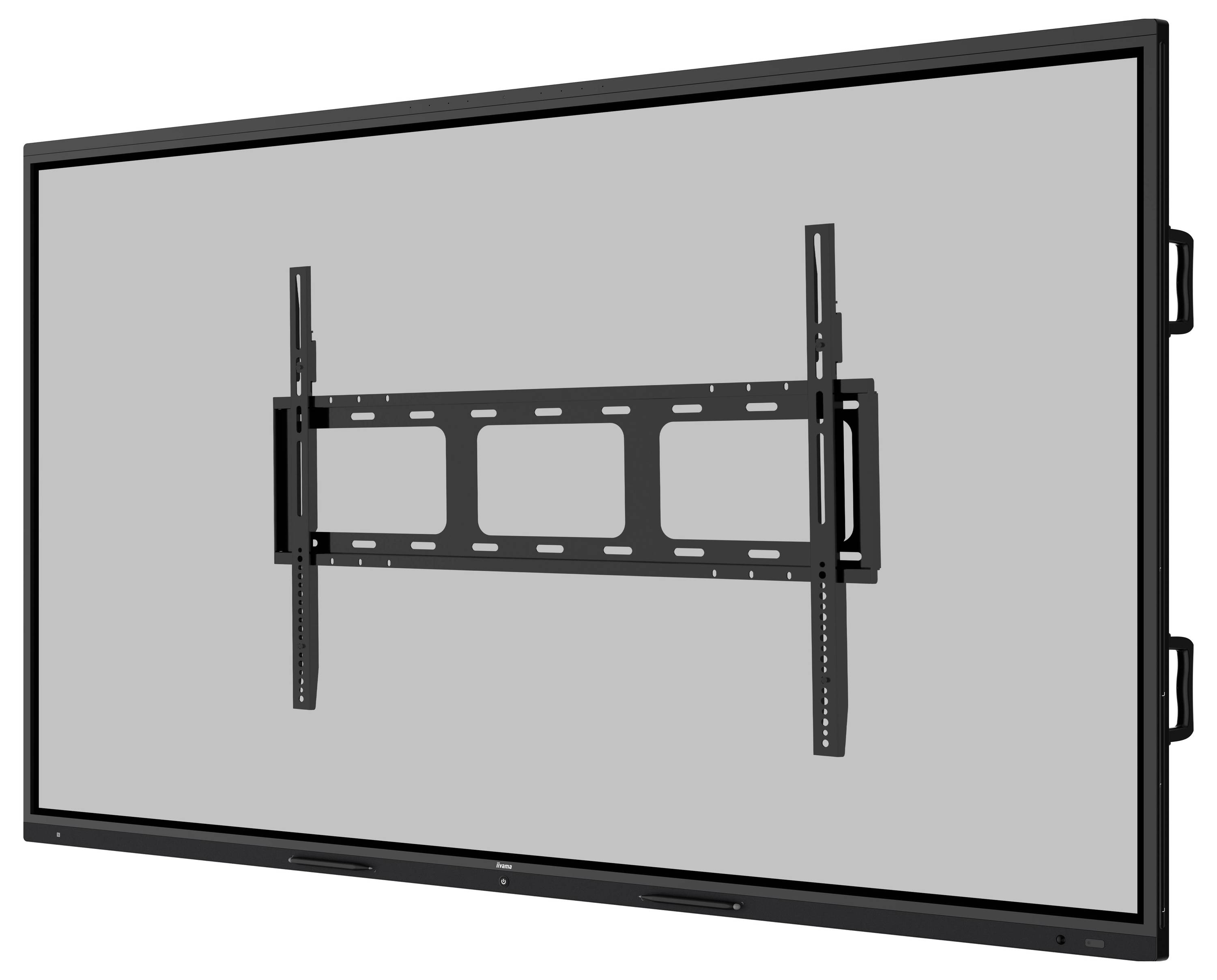 Ein großer Flachbildschirm an der Wand mit schwarzer Halterung montiert, geeignet für Präsentationen oder Home-Entertainment-Systeme.