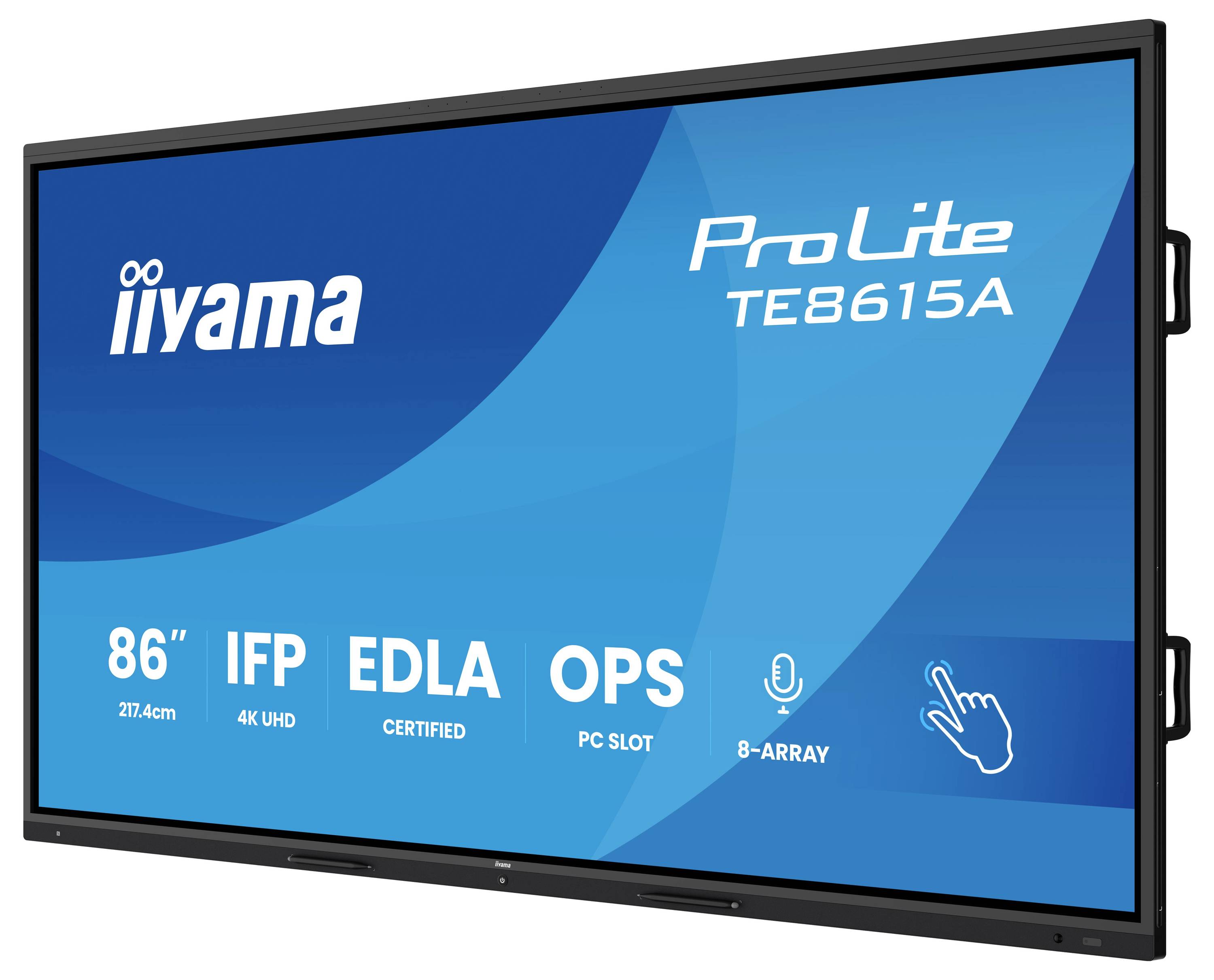 Das Bild zeigt einen großen interaktiven Display-Bildschirm mit Funktionen wie 4K UHD, IFP, EDLA-Zertifizierung, OPS-PC-Steckplatz und 8er-Array-Mikrofon.