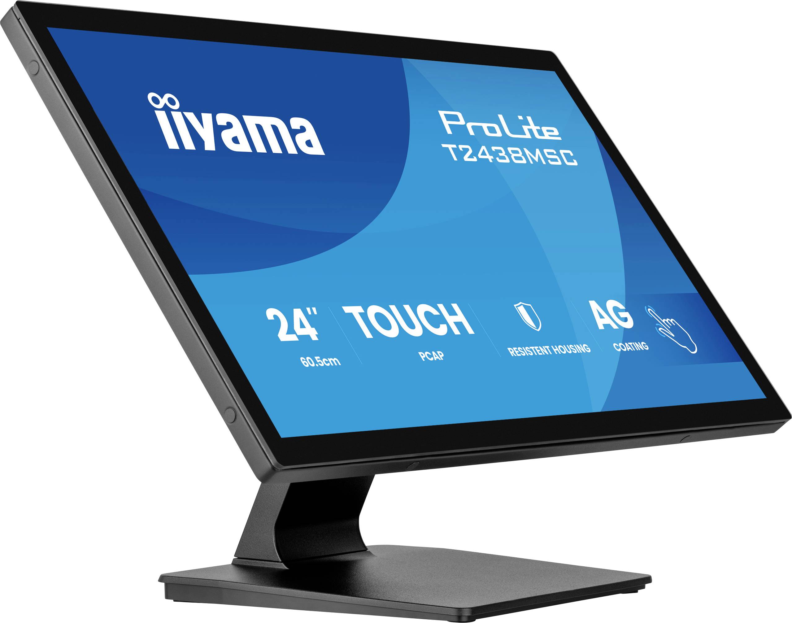 Ein 24-Zoll-Iiyama-ProLite-T2435MSC-Touchscreen-Monitor mit ergonomischem Ständer, ausgestattet mit Anti-Glare-Technologie und Konnektivitätssymbolen.