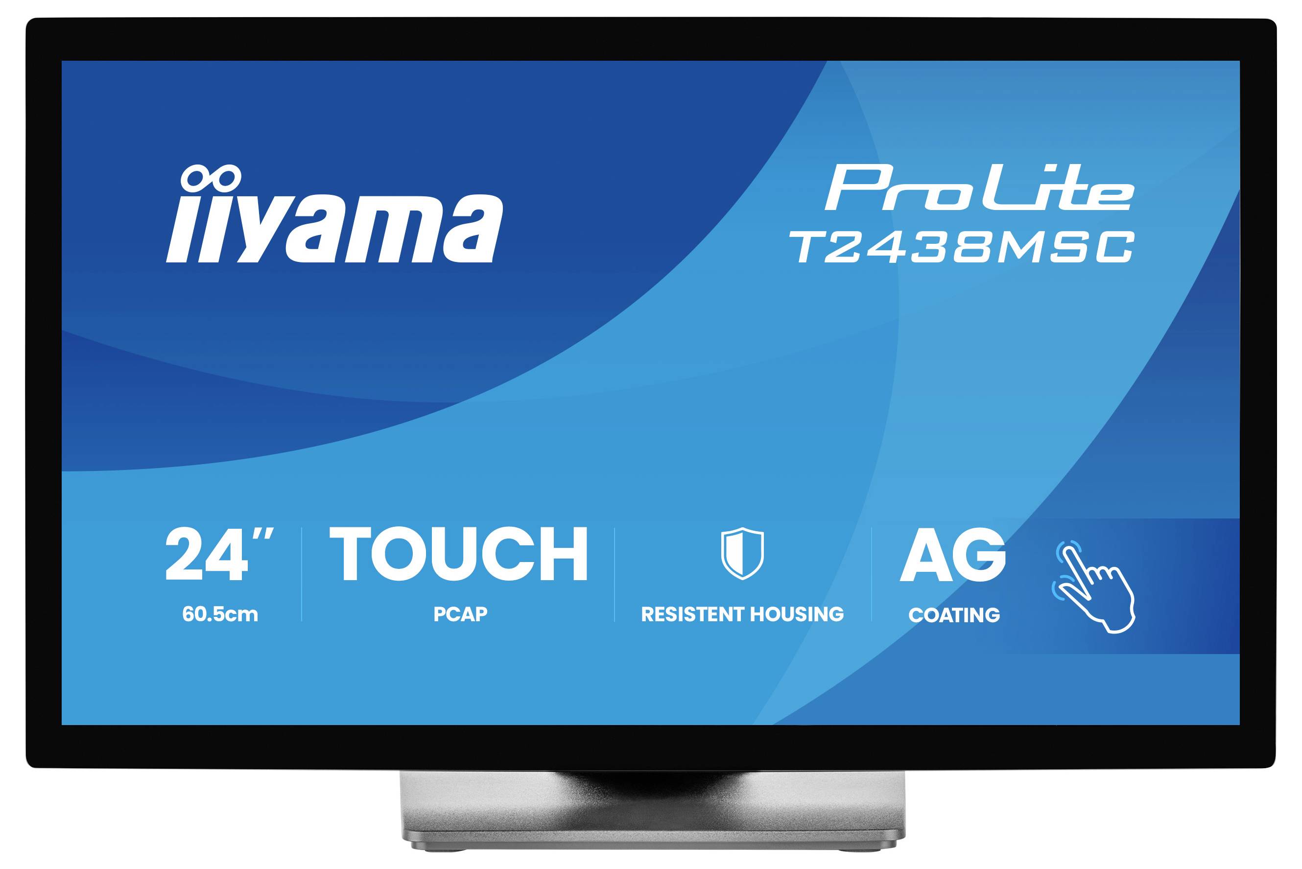 Eine Eckansicht eines blauen, dünnen, flachen Bildschirmmonitors mit minimalistische Gestaltung, die sein schlankes und modernes Aussehen unterstreicht.