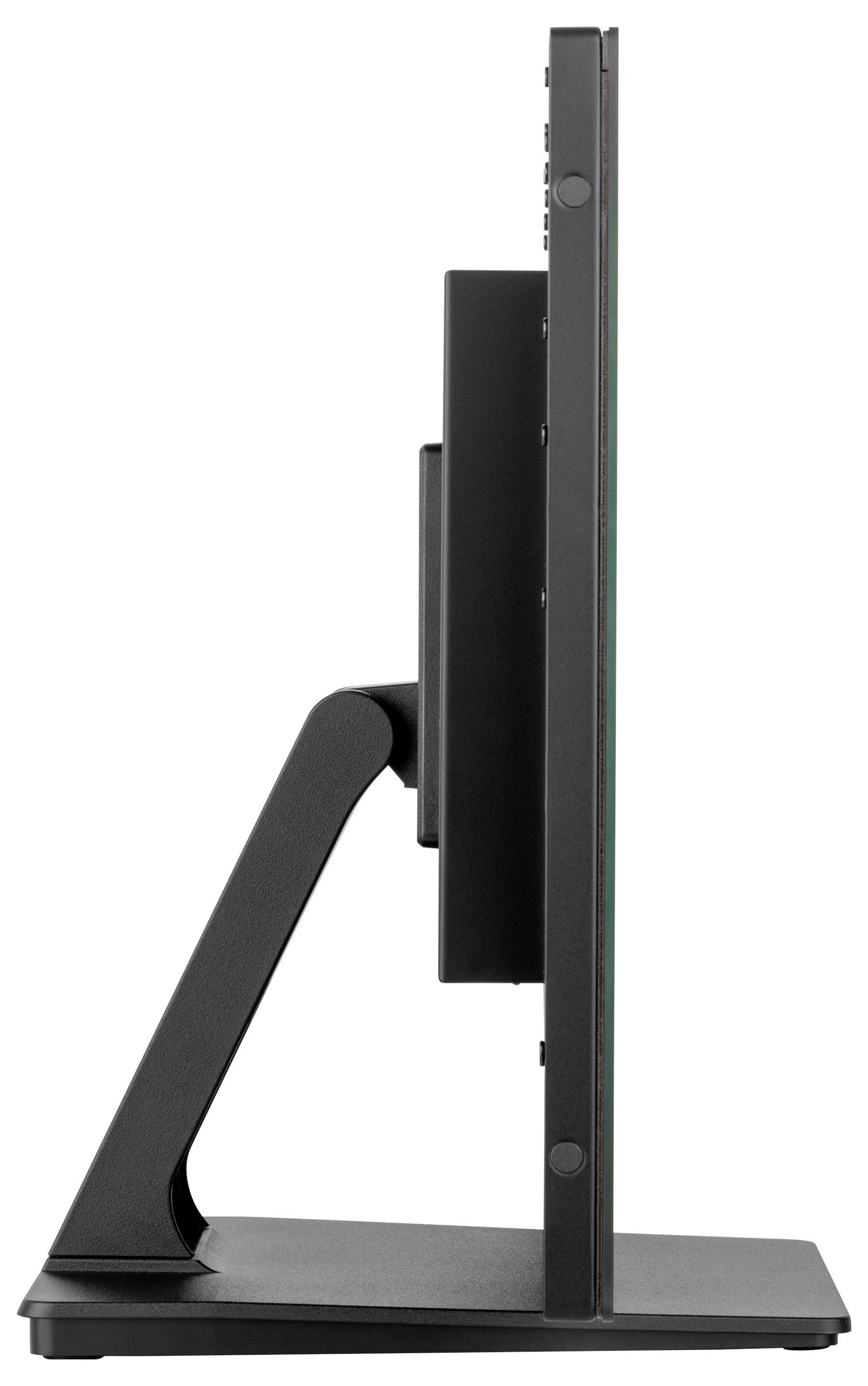 Eine Seitenansicht eines schlanken Computermonitors mit einem robusten schwarzen Ständer. Der Bildschirm ist dünn und hebt sein modernes, elegantes Design hervor.