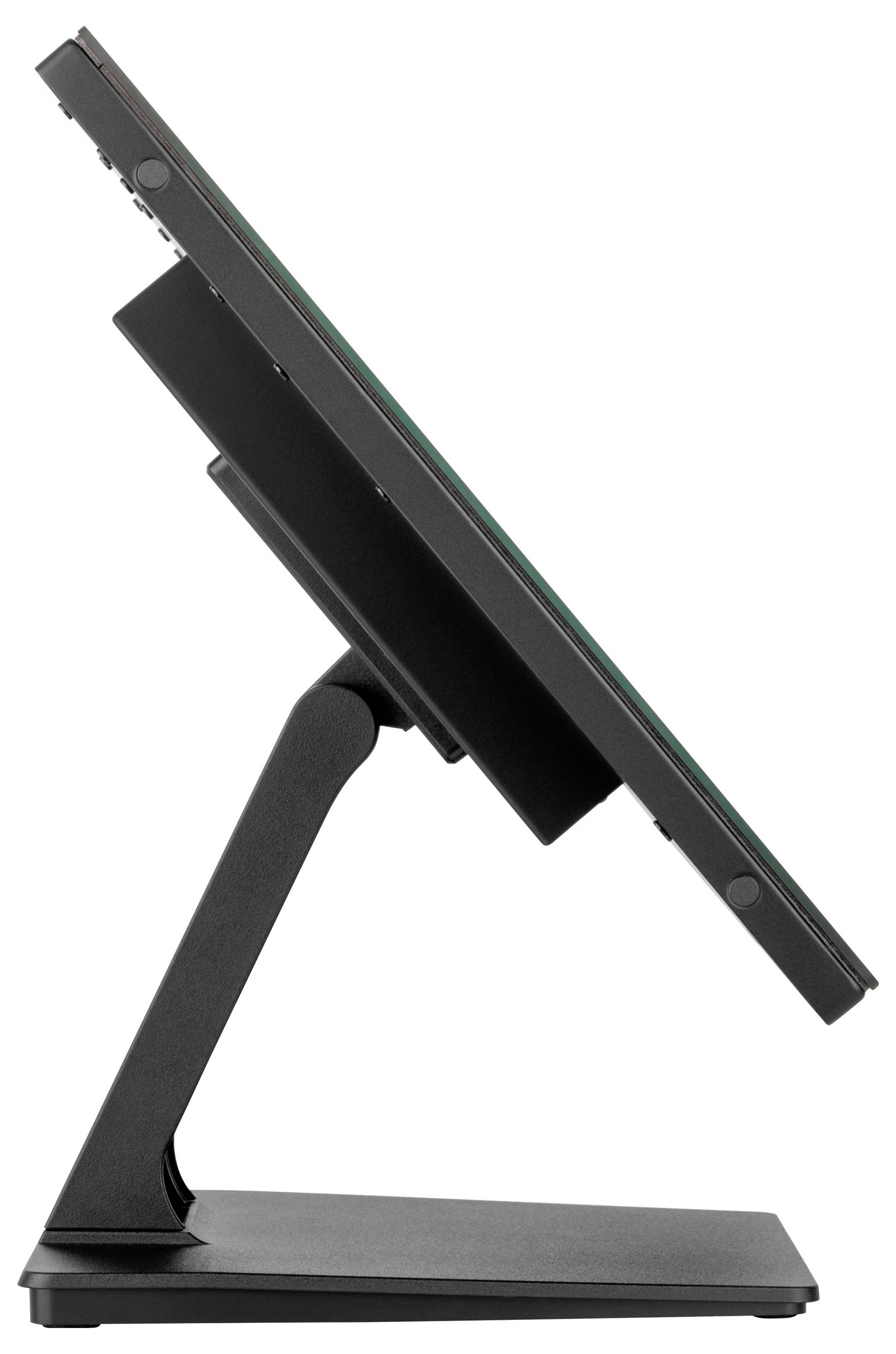 Eine Seitenansicht eines modernen Computermonitors mit einem schlanken, verstellbaren Ständer, leicht nach vorne geneigt, wodurch sein dünnes Profil zur Geltung kommt.