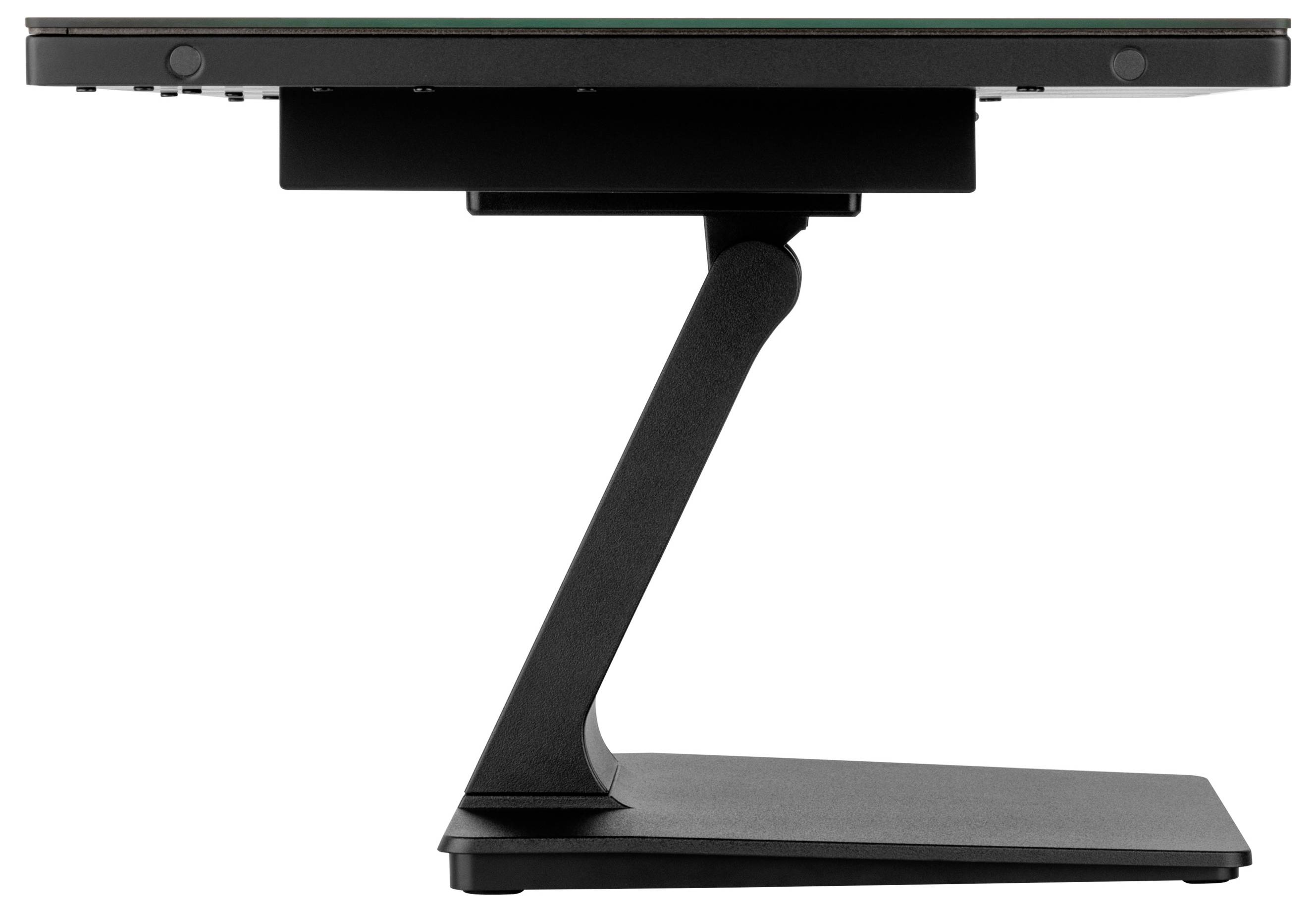 Eine Seitenansicht eines Flachbildschirms auf einem eleganten, geneigten Ständer auf einer rechteckigen Basis.