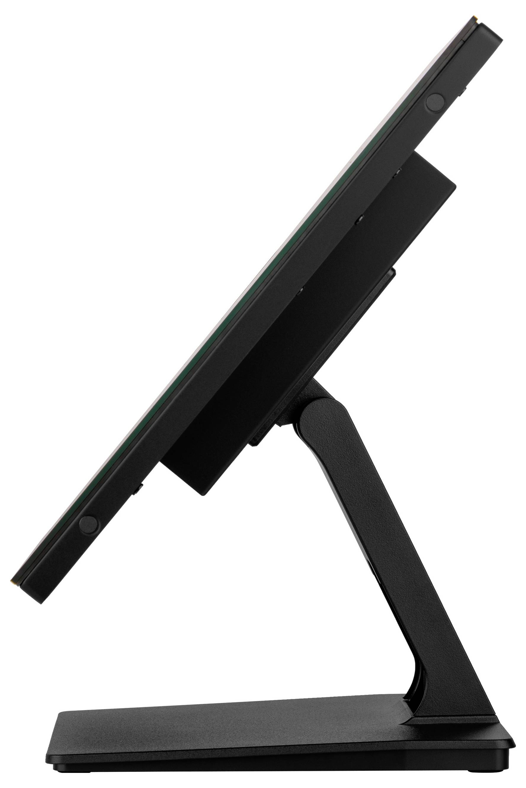 Seitenansicht eines schwarzen Touchscreen-Monitors mit schlankem, elegantem Design, der seinen verstellbaren Ständer zur optimalen Betrachtung zeigt.