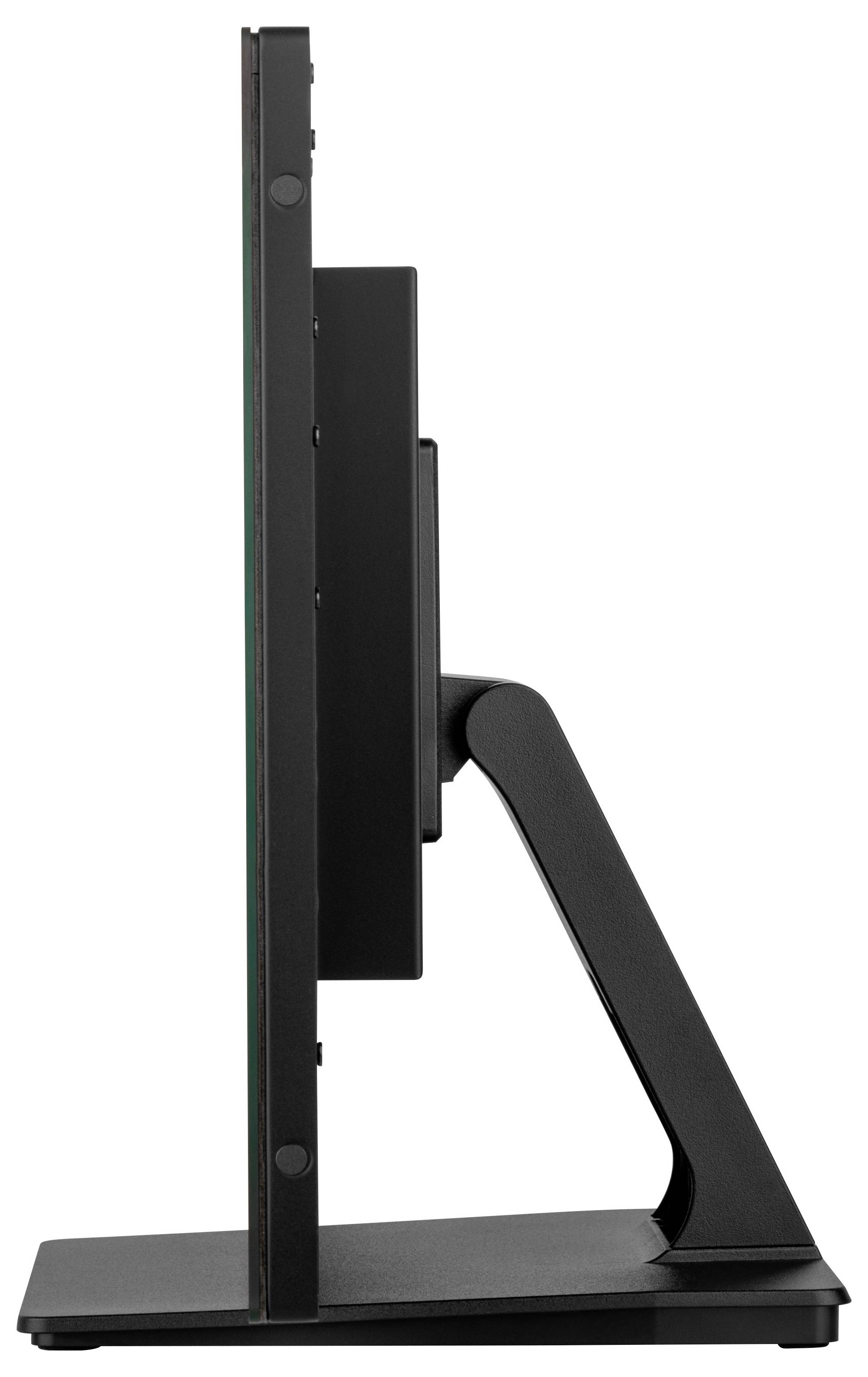 Seitenansicht eines modernen ultraflachen Computermonitors mit schwarzem Ständer, die sein dünnes Profil und sein elegantes Design zeigt.