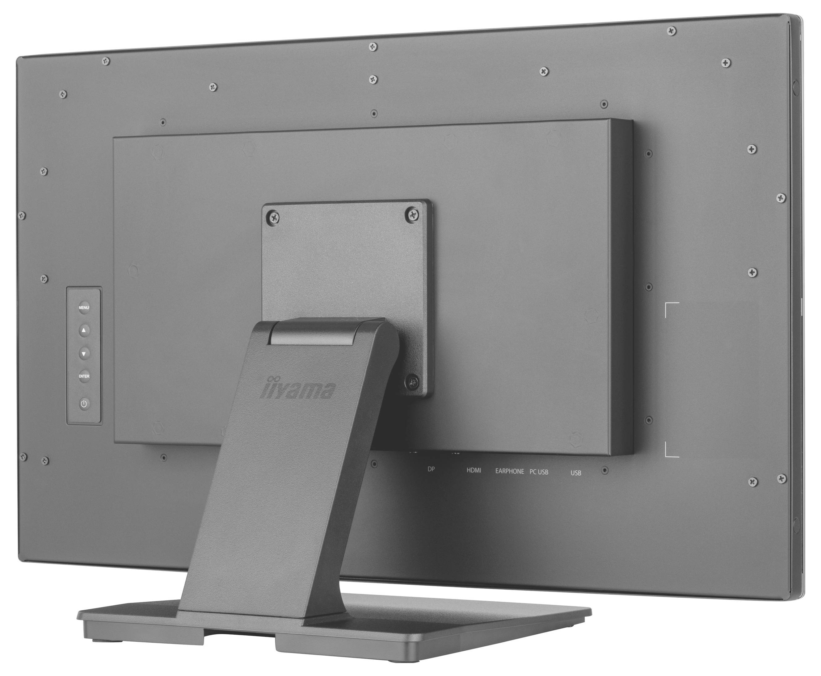 Das Bild zeigt die Rückseite eines Computermonitorständers mit Tasten an der Seite. Der Markenname „iiyama