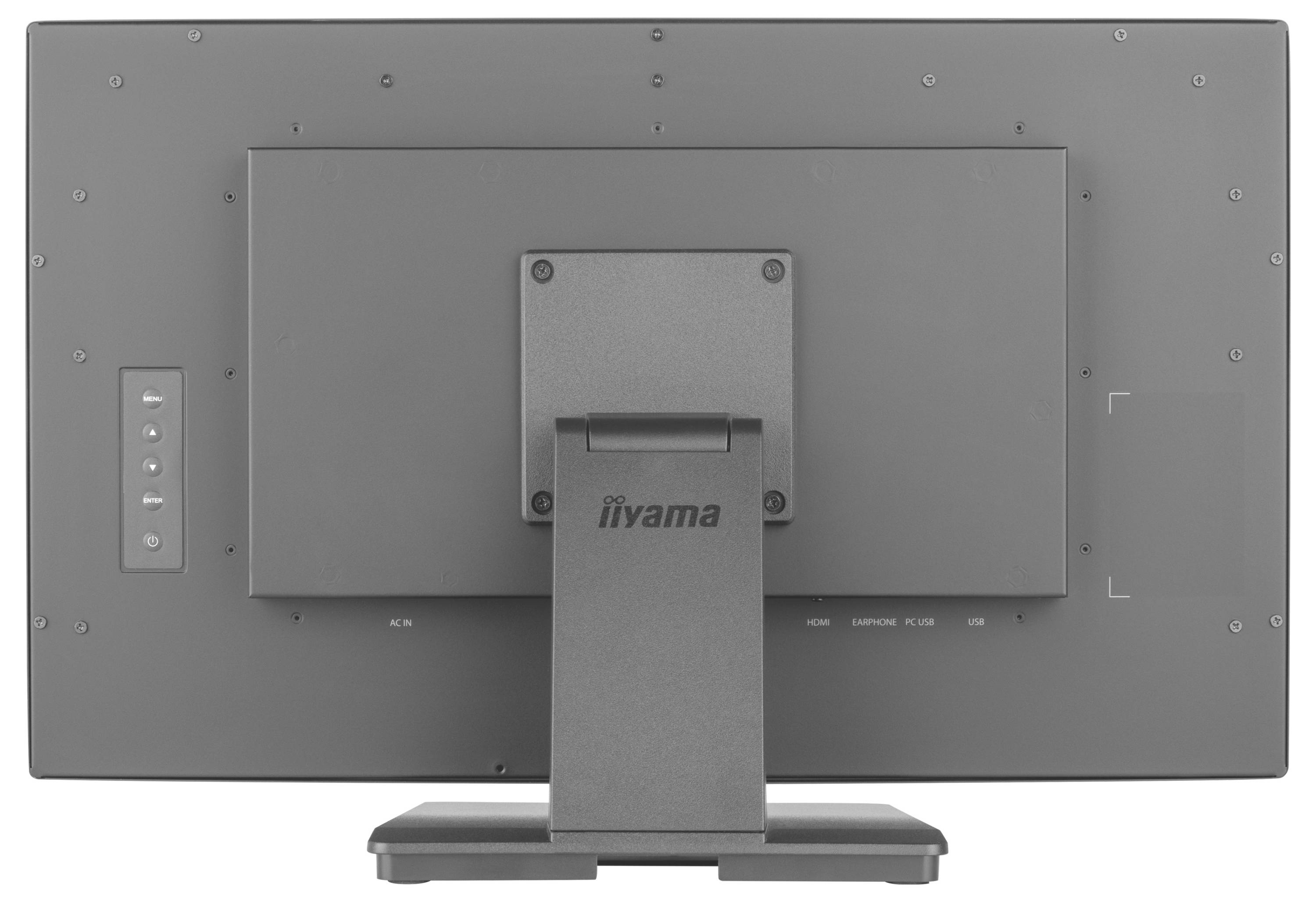 „Rückansicht eines Computermonitors mit breitem, rechteckigem Standfuß und sichtbarer Schaltflächenleiste auf der linken Seite. Markenlogo zentriert auf dem Standfuß.