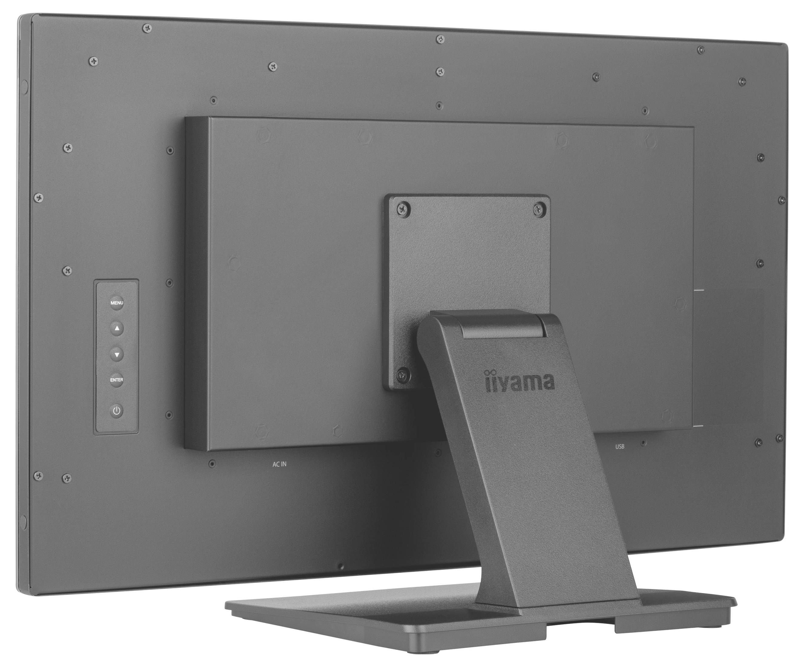 Ein Computermonitor von hinten betrachtet, der den Ständer und die Steuertasten auf der linken Seite zeigt. Der Markenname „iiyama