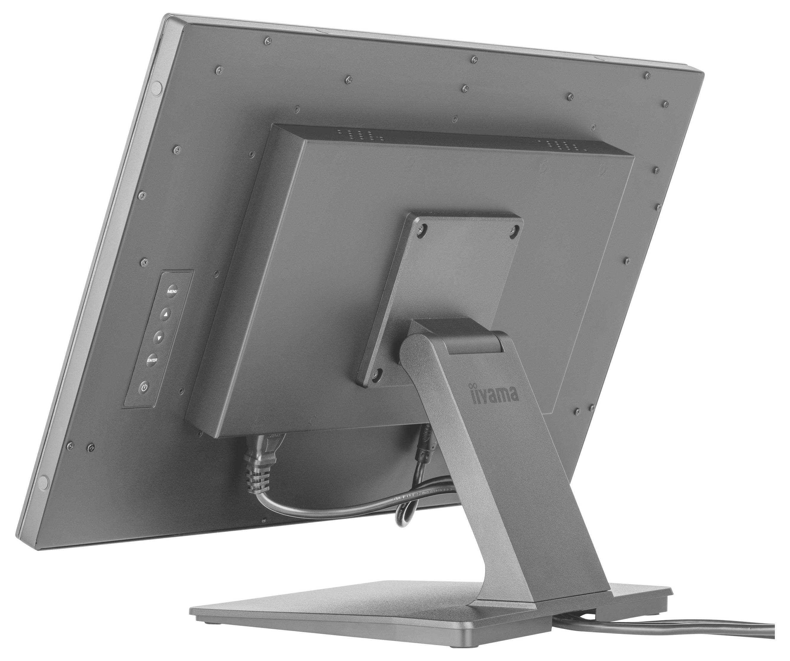 Ein Computermonitor von hinten betrachtet, zeigt den Ständer und die Anschlussanschlüsse, positioniert auf einer flachen Oberfläche.