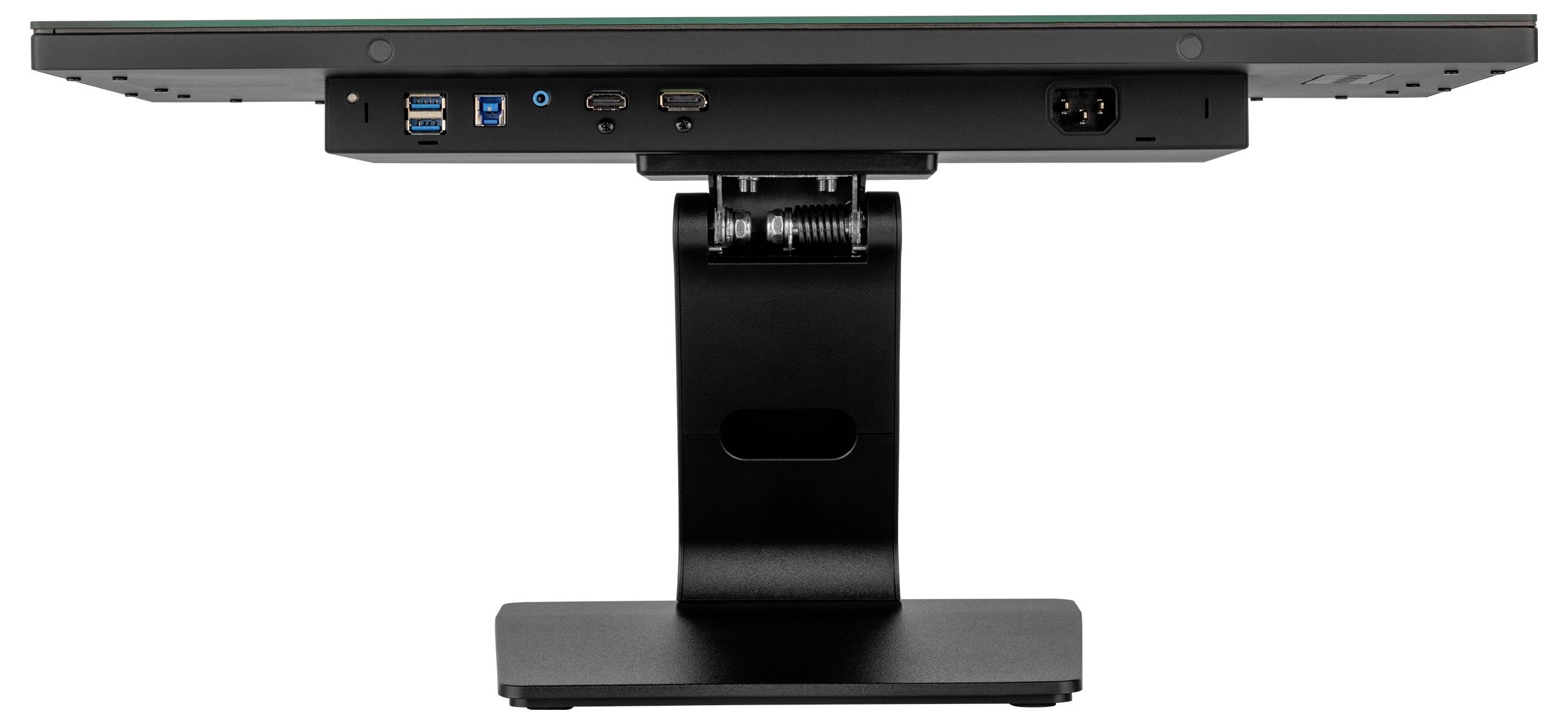 Rückansicht eines Computermonitors mit Ständer, die USB-, HDMI- und Stromanschlüsse zeigt. Der Fokus liegt auf den verfügbaren Konnektivitätsoptionen.