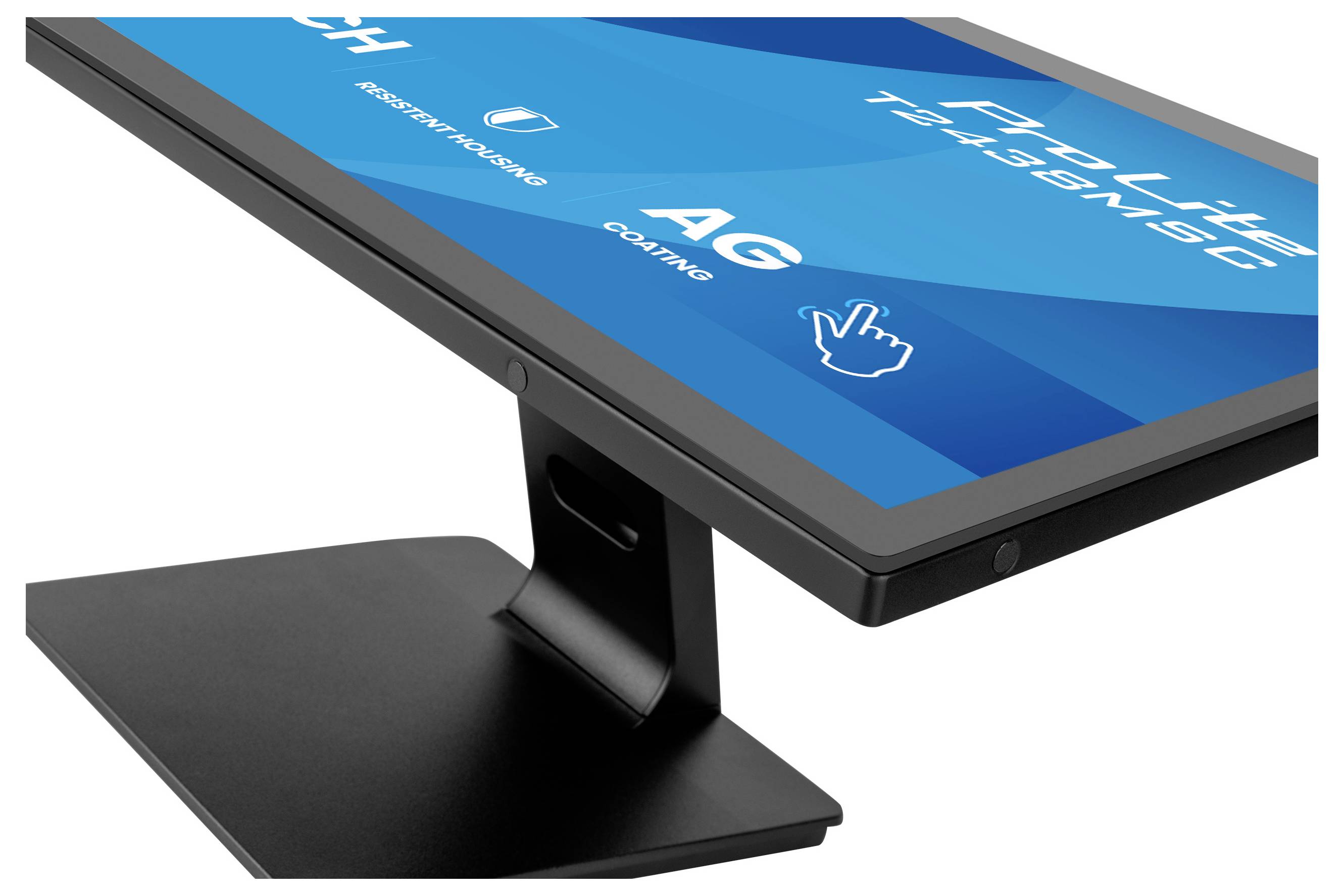 Eine Seitenansicht eines digitalen Bildschirms mit einem robusten schwarzen Ständer, auf dem blaue Grafiken und Text zu Monitorspezifikationen angezeigt werden.