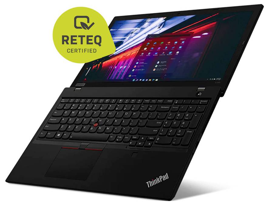 Ein schwarzer Laptop mit einem bunten Desktop-Bildschirm und einem „RETEQ Certified