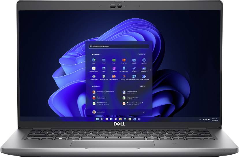 Ein Dell-Laptop zeigt das Windows 11-Startmenü auf dem Bildschirm mit neuen Symbolen und einer Benutzeroberfläche mit dunklem Design.