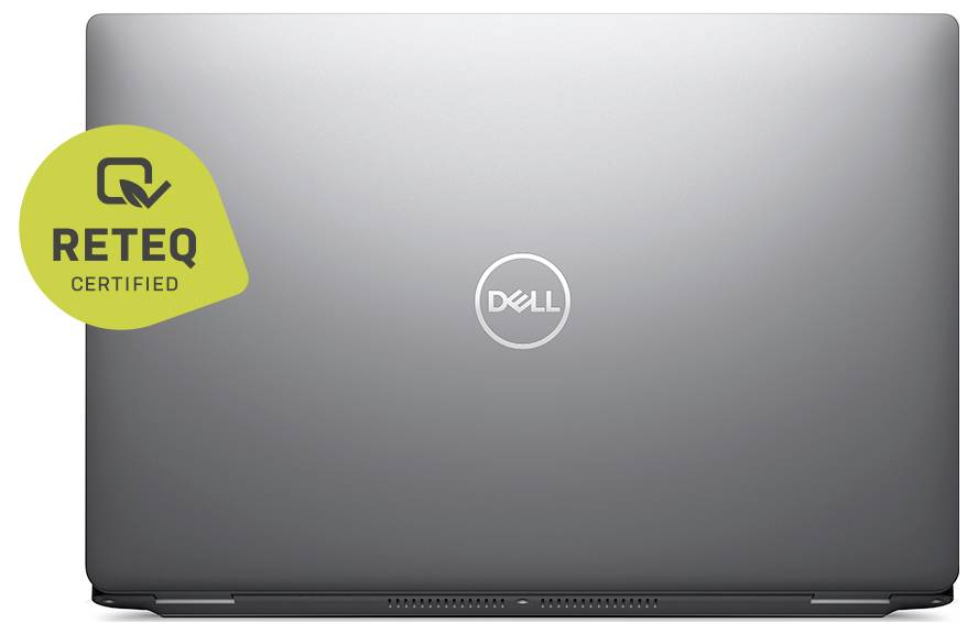 Ein zugeklappter Laptop mit einem Dell-Logo auf dem Deckel. Ein grünes Abzeichen an der Seite trägt die Aufschrift 