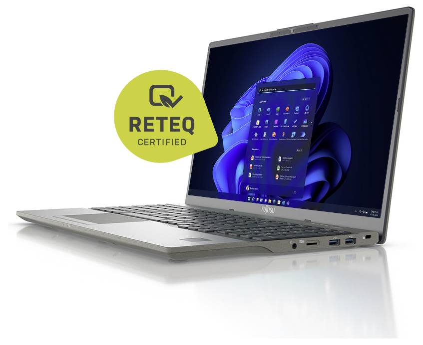 Ein Fujitsu-Laptop mit Windows-Betriebssystem-Bildschirm, mit einem „RETEQ zertifiziert