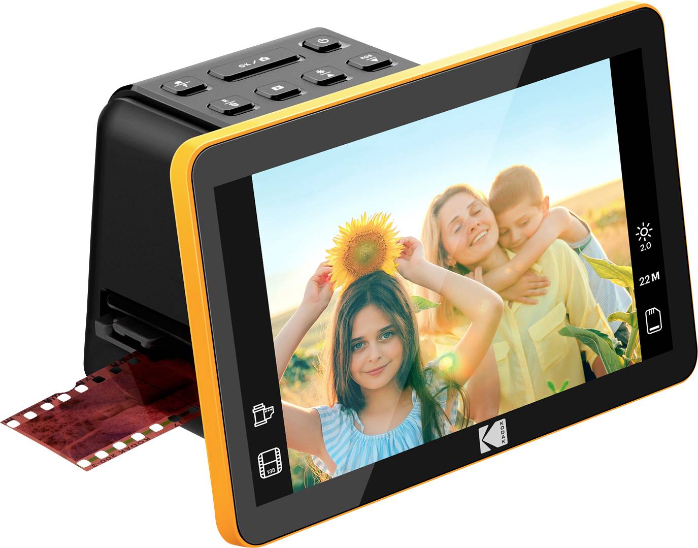 Ein Filmscanner mit einem lebendigen Display, das eine lächelnde Gruppe von Kindern im Freien zeigt, mit einer Sonnenblume, was die Umwandlung von Film in digitales Format veranschaulicht.