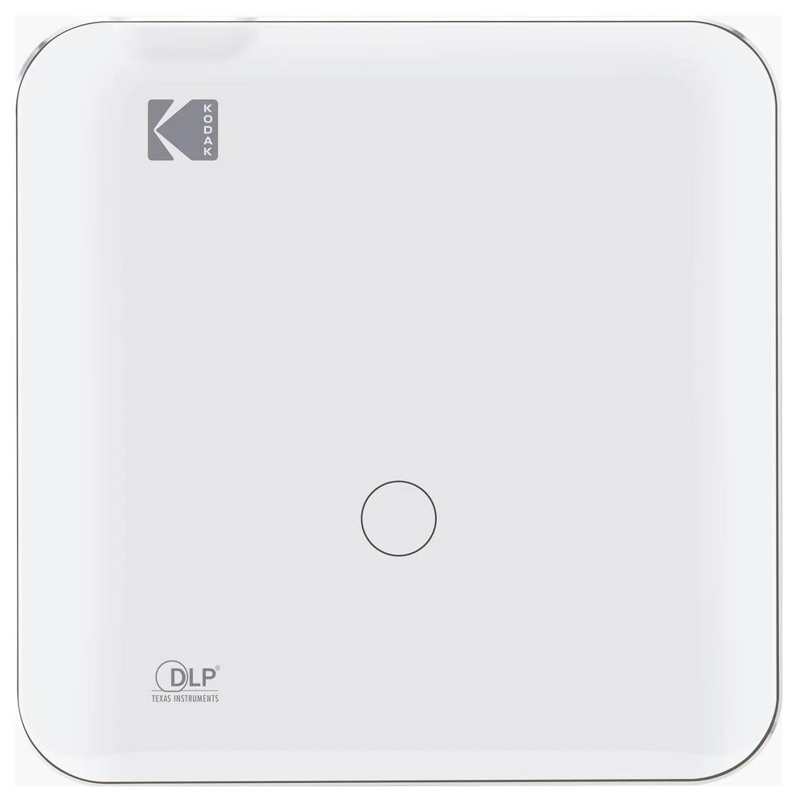 Ein kompakter, tragbarer Projektor mit HDMI- und USB-Anschlüssen auf einem goldfarbig beschlagenen Sockel, mit einem einfachen kreisförmigen Knopf oben.