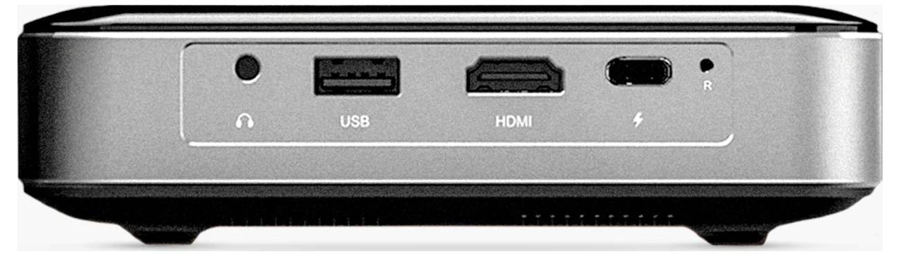 Ein kompaktes Computergerät mit frontseitigen Anschlüssen: Kopfhörer-, USB-, HDMI- und Thunderbolt-Anschlüsse.