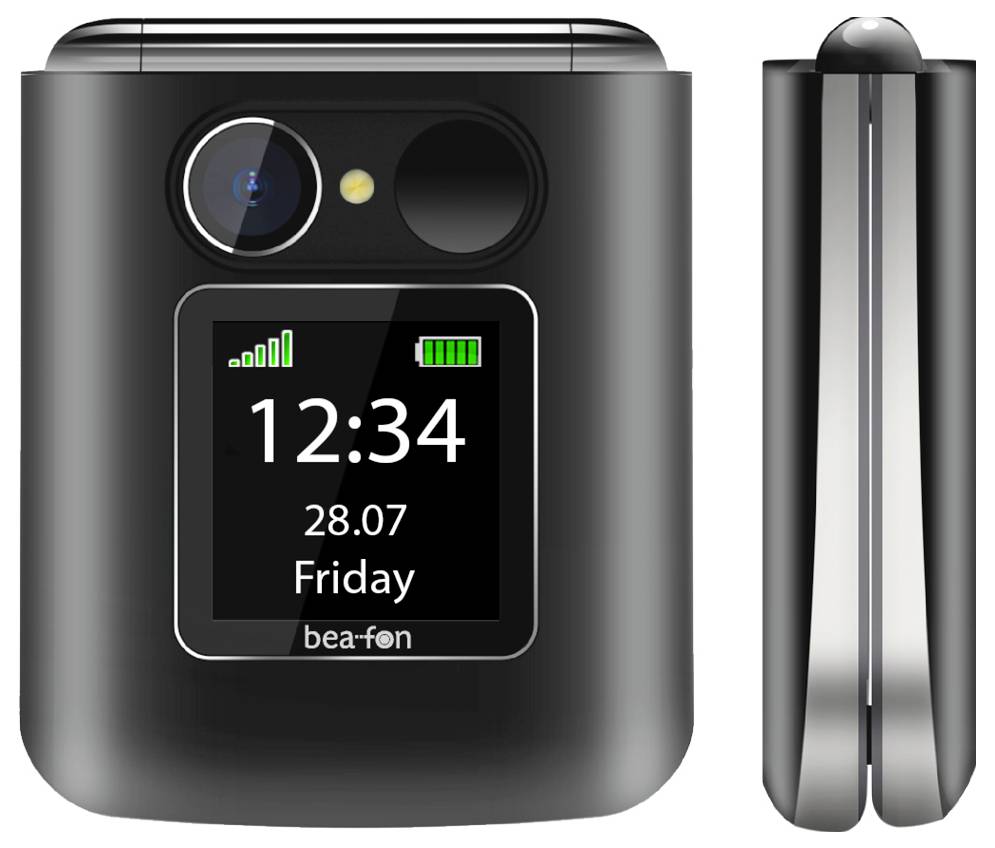 Ein schwarzes Klapptelefon mit digitaler Anzeige, die 