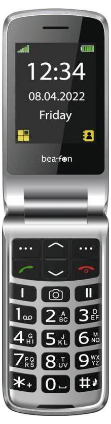 Ein silbernes Klapphandy mit großem Bildschirm, auf dem „12:34, 08.04.2022, Freitag