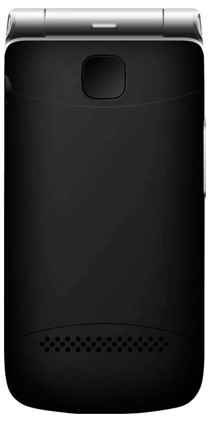 Ein schwarzes Klapphandy von hinten fotografiert, das die Kamera und den Lautsprechergrill am unteren Ende zeigt.