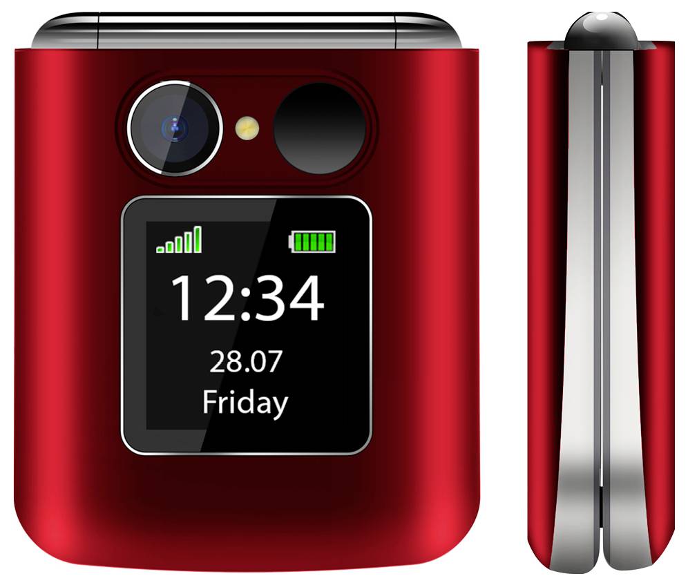 Ein kleines rotes Klapptelefon mit einem Display, das 