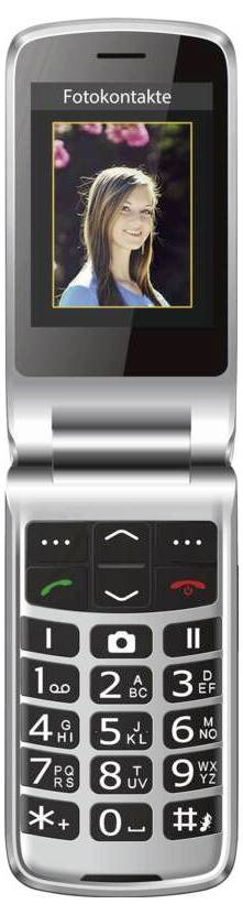 Ein Klapptelefon mit einem Bildschirm, auf dem ein Frauenfoto unter „Fotokontakte