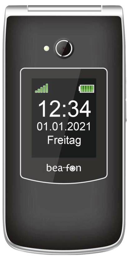 Ein Klapphandy mit digitaler Anzeige, die die Uhrzeit „12:34