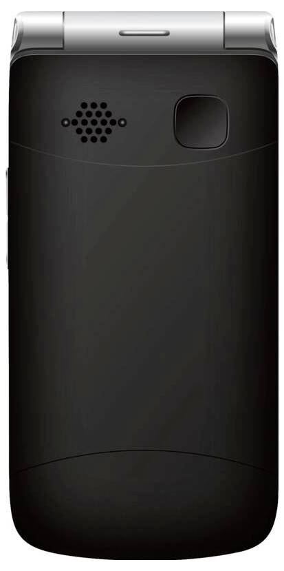 Das Bild zeigt die Rückansicht eines schwarzen Klapptelefons mit einer Kameralinse und einem Lautsprechergitter oben.