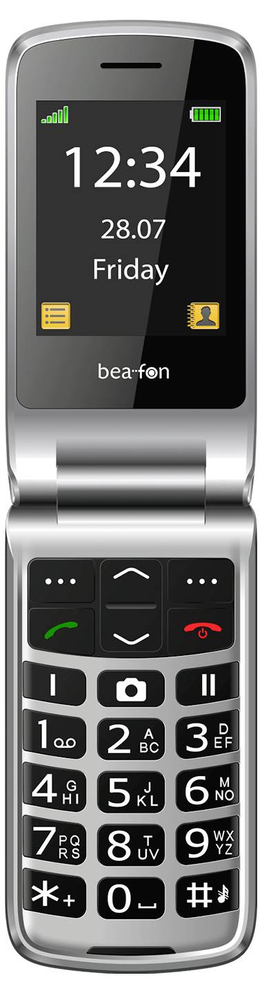 Ein silbernes Klapphandy mit einem digitalen Display, das die Zeit '12:34', das Datum '28.07' und 'Freitag' anzeigt. Die Tastatur verfügt über große, beschriftete Tasten.