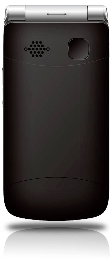 Das Bild zeigt die Rückseite eines klassischen Klapphandys mit Kamera und Lautsprecher in einem eleganten Schwarz- und Silberdesign.