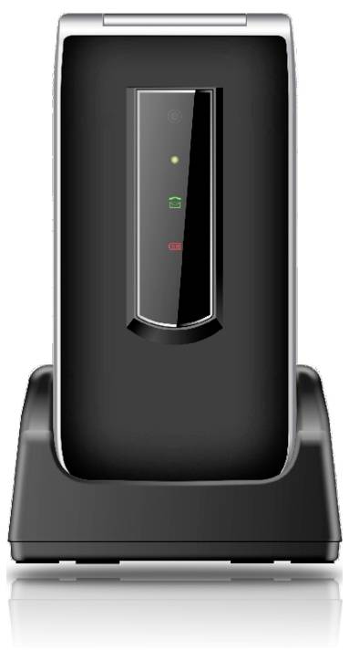 Ein schwarzer WLAN-Router mit drei Kontrollleuchten (grün, rot und gelb) an der Vorderseite, der auf einer entsprechenden Basis platziert ist.