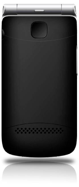 Ein schwarzes und silbernes Klapptelefon, von hinten gezeigt, mit einem Kameraobjektiv und Lautsprecherlöchern am unteren Ende.