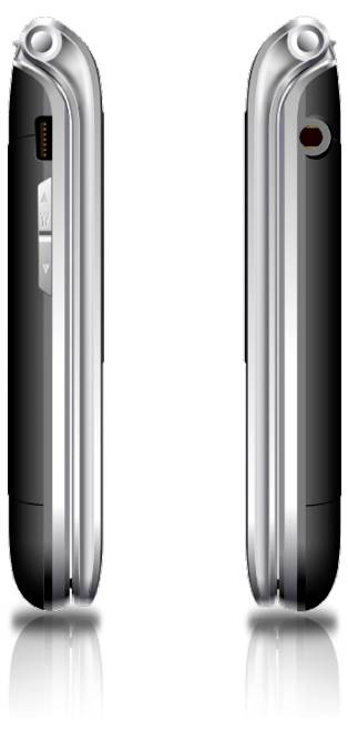 Zwei elegante, geschlossene Flip-Handys in Schwarz und Silber, Seitenansicht, zeigen Seitentasten und glattes Design mit subtiler Lichtreflexion.