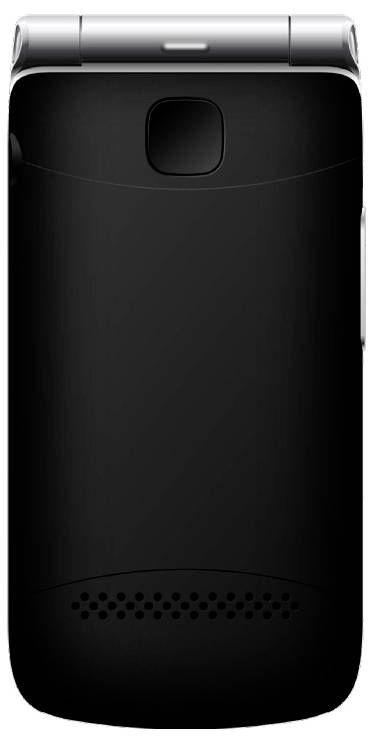 Ein geschlossenes schwarzes Klapptelefon von hinten betrachtet mit einer Kamera an der Oberseite.