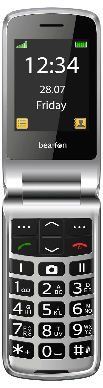 Ein Klapphandy mit großen Tasten, das auf seinem Display '12:34', '28.07' und 'Freitag' anzeigt.