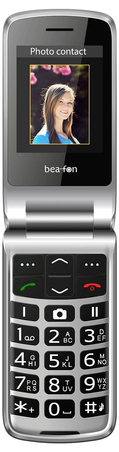 Ein Klapptelefon zeigt einen Fotokontakt auf dem Bildschirm an. Die Tastatur verfügt über große Tasten mit Zahlen und Symbolen für einfache Bedienung.