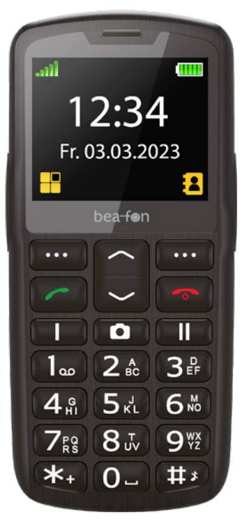 Ein einfaches Mobiltelefon mit einer tastbaren Tastatur. Das Display zeigt 