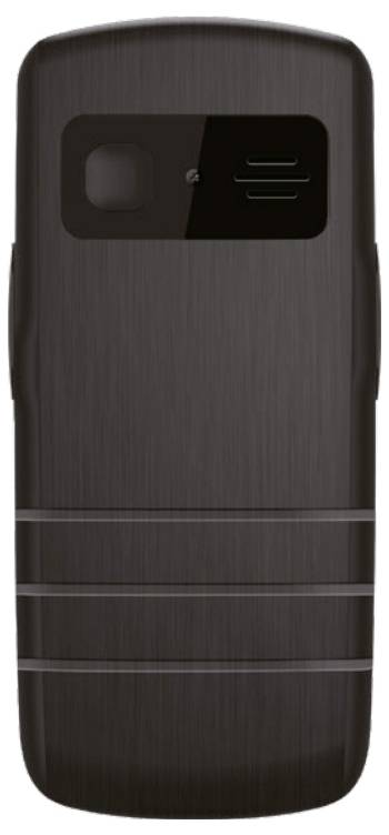 Rückansicht eines schwarzen Feature-Phones mit kleinen Kamera- und Lautsprecheröffnungen in der Nähe der Oberseite.