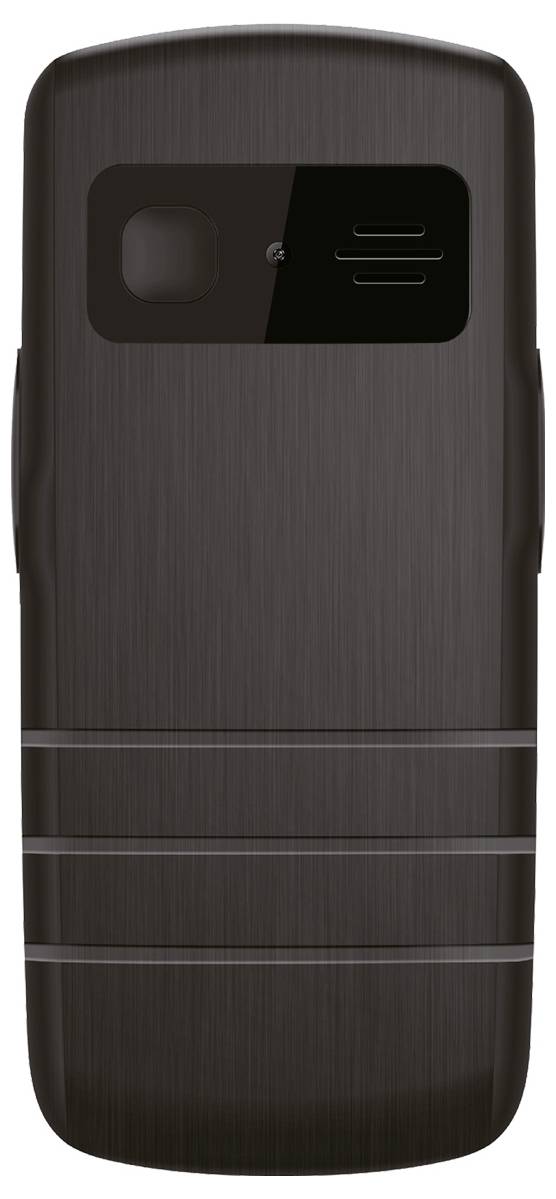Ein schwarzes Feature-Phone mit einer rückseitigen Kamera und Streifendesign auf der Rückseite.