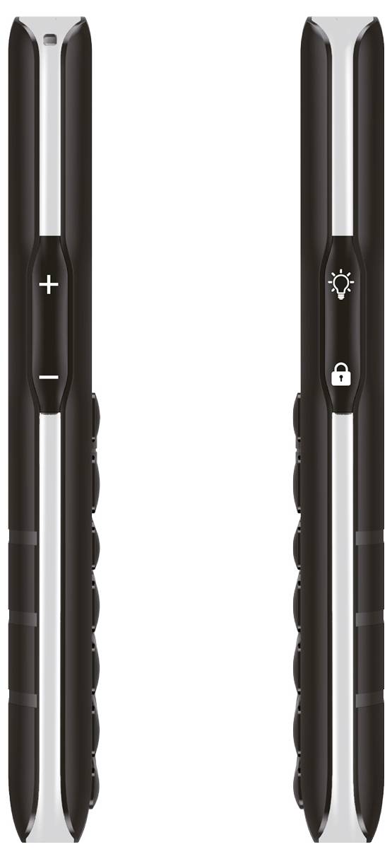 Zwei schwarze und silberne elektronische Geräte mit taktilen Tasten: Plus und Minus auf dem linken Gerät, Licht- und Schlosssymbole auf dem rechten Gerät.