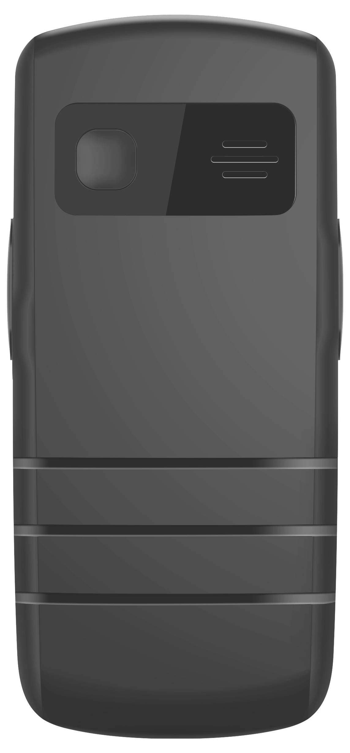 Das Bild zeigt die Rückseite eines klassischen schwarzen Mobiltelefons mit einer kleinen quadratischen Kamera und einem Lautsprechergitter in der Nähe der Oberseite.