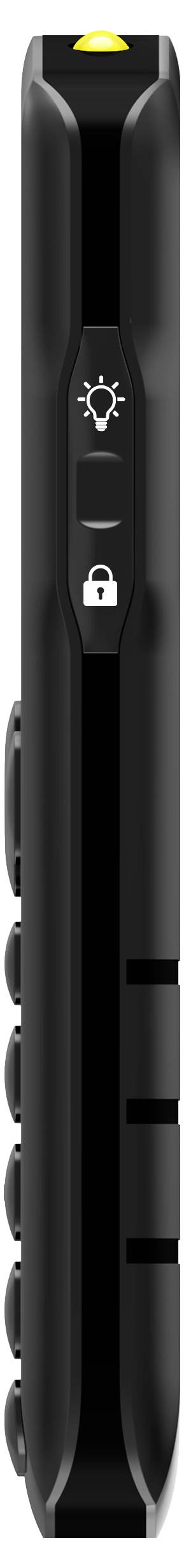 Ein schwarzes, vertikales elektronisches Gerät mit Tasten an der Seite und Symbolen für Licht und Sperre auf der Vorderseite.