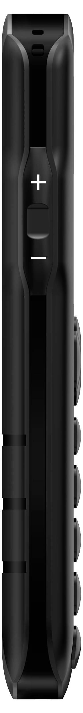 Ein schlankes schwarzes elektronisches Gerät mit '+' und '-' Tasten, vermutlich zur Lautstärkeregelung, von der Seite betrachtet.