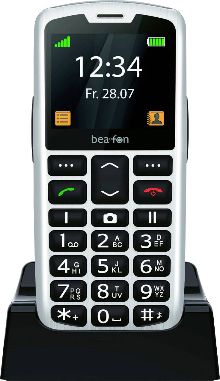 Ein Mobiltelefon mit großen Tasten und einem Display, das die Uhrzeit „12:34