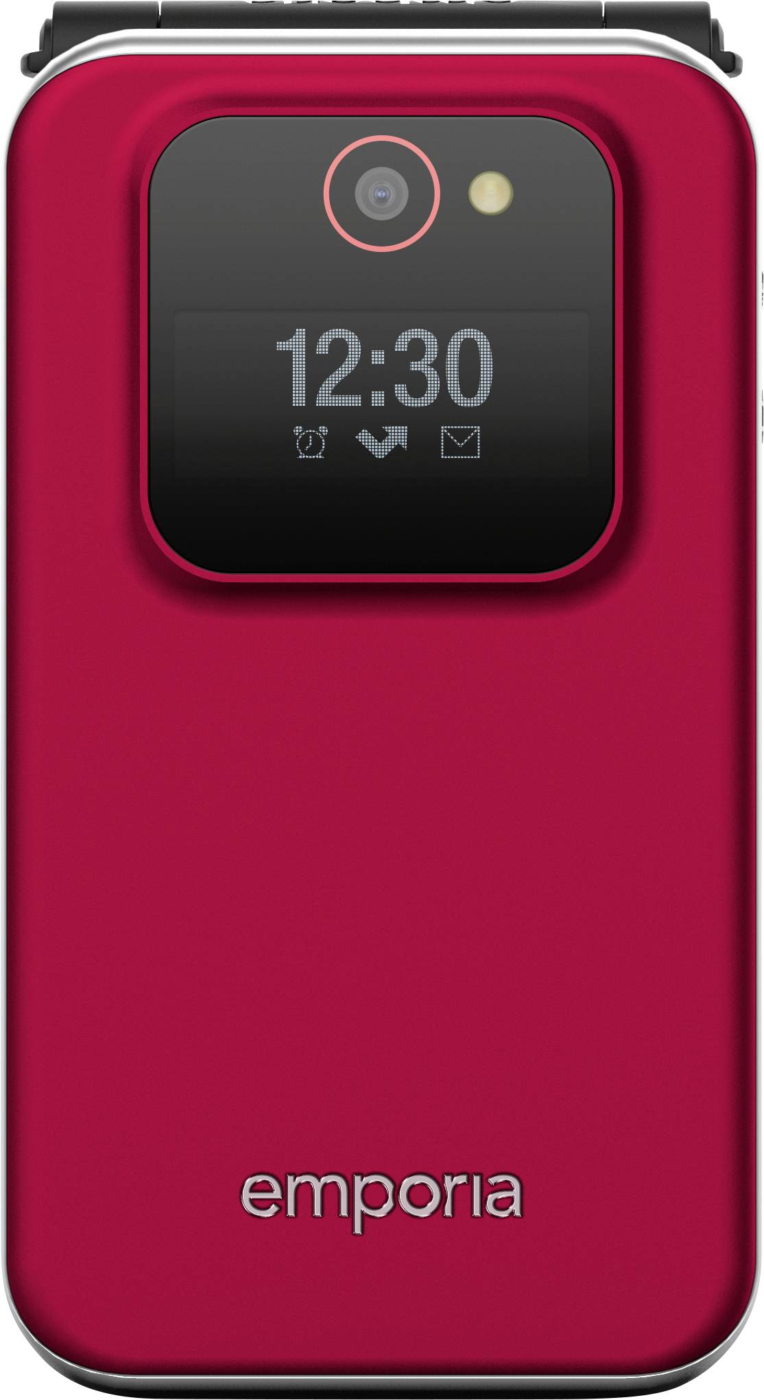 Rotes Klapptelefon mit externem Display, das die Uhrzeit 