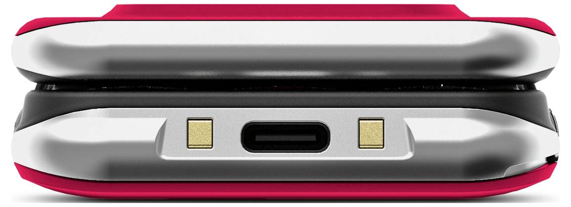 Eine Nahaufnahme eines eleganten, modernen elektronischen Klappgeräts, das das Scharnier und den USB-C-Ladeanschluss zwischen zwei Hälften zeigt.