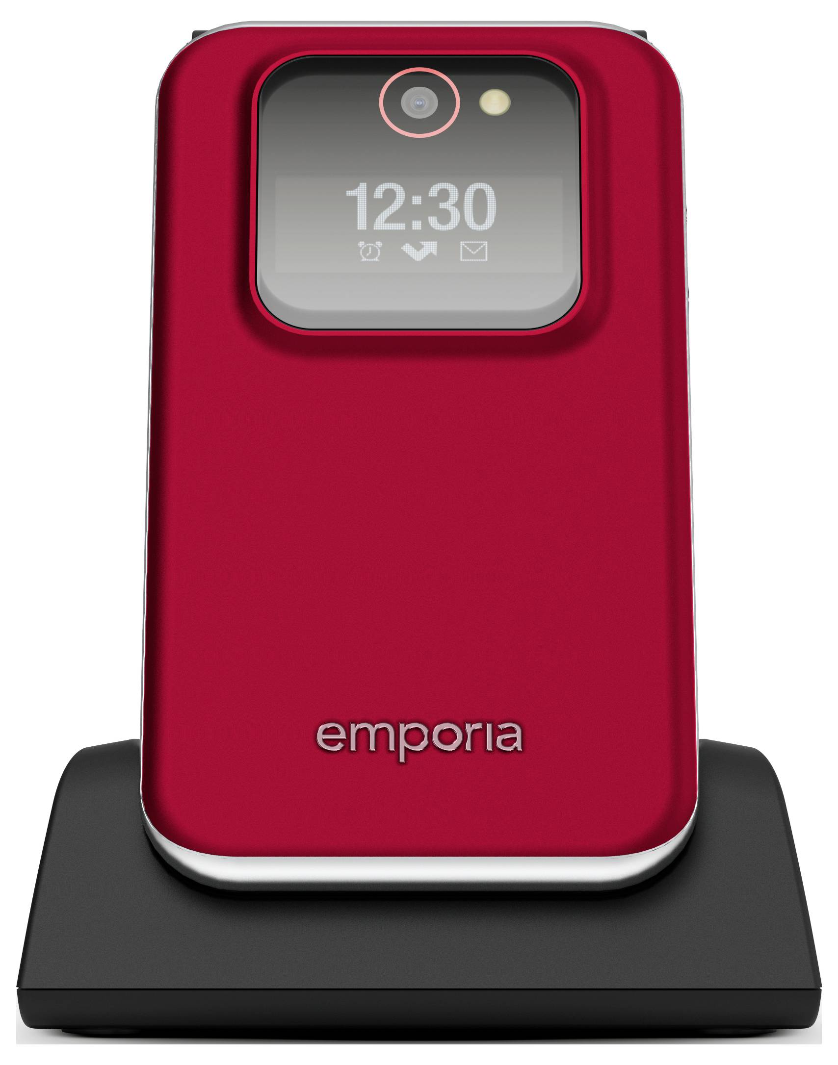 Ein rotes Klapphandy mit digitaler Uhrenanzeige, die '12:30' zeigt, auf einer schwarzen Ladestation. Der Markenname 'emporia' ist auf dem Telefon sichtbar.